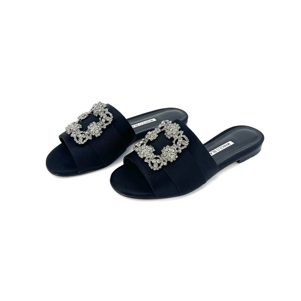 Manolo Blahnik Martamod Satin Crystal Embellished Slip On Flat Slides Sandals 37